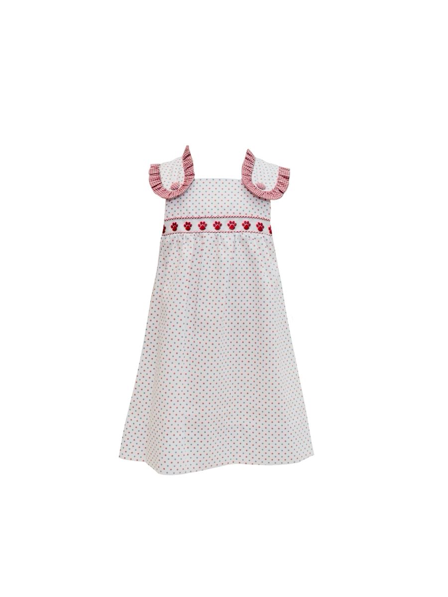 Maroon Bitty dot Bulldog paw ribbon dress