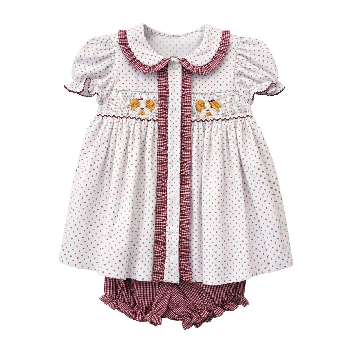 Ruby Smocked Bloomer Set, Maroon Bitty Dot Bulldog