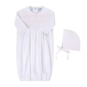 Smocked Bullion gown with hat white/pink