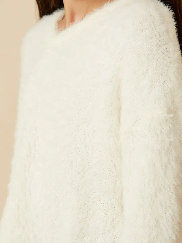 White Mohair V Neck Sweater