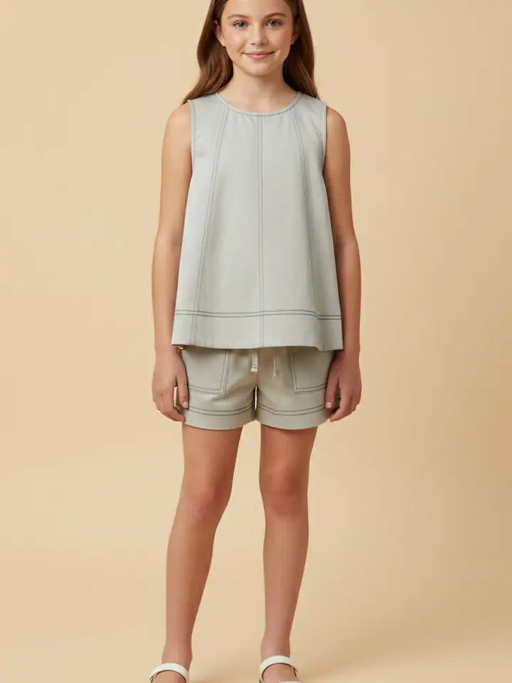Girls Contrast Stitched Patch Pocket Knit Shorts