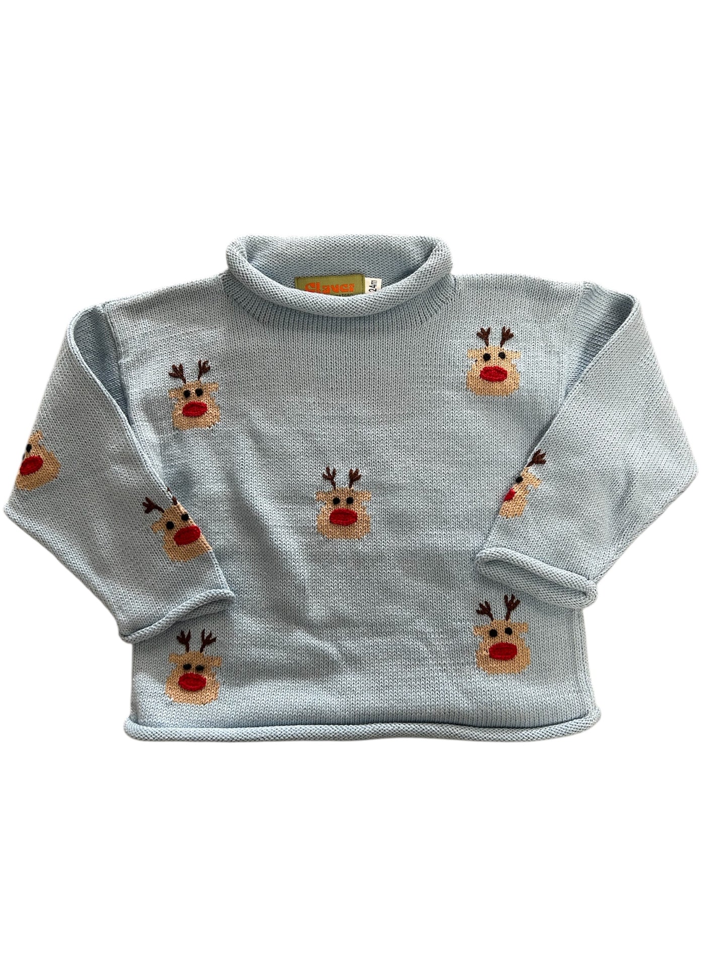 Blue Rudolph heads roll sweater