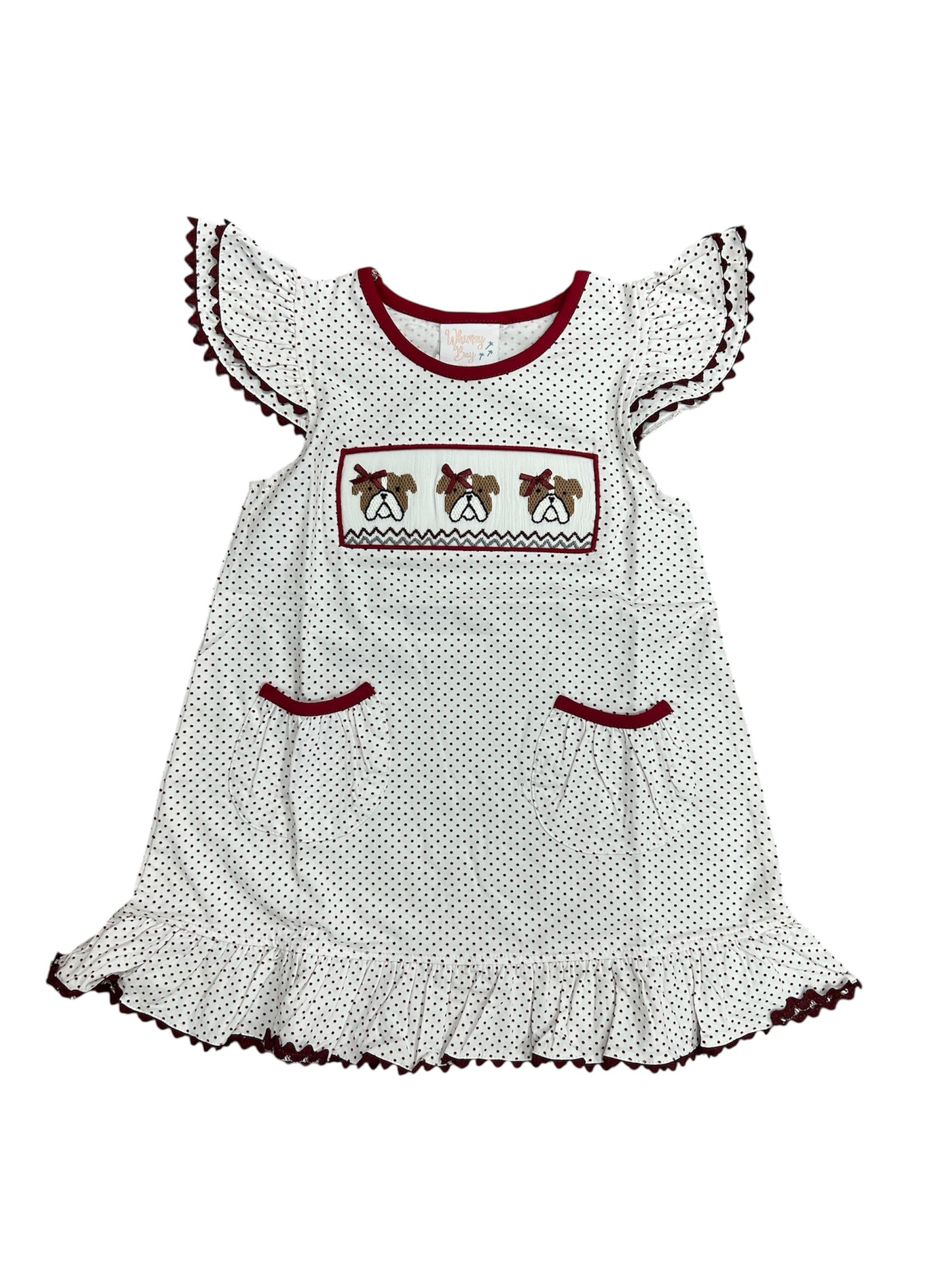 Maroon bulldog smocked flutter dress