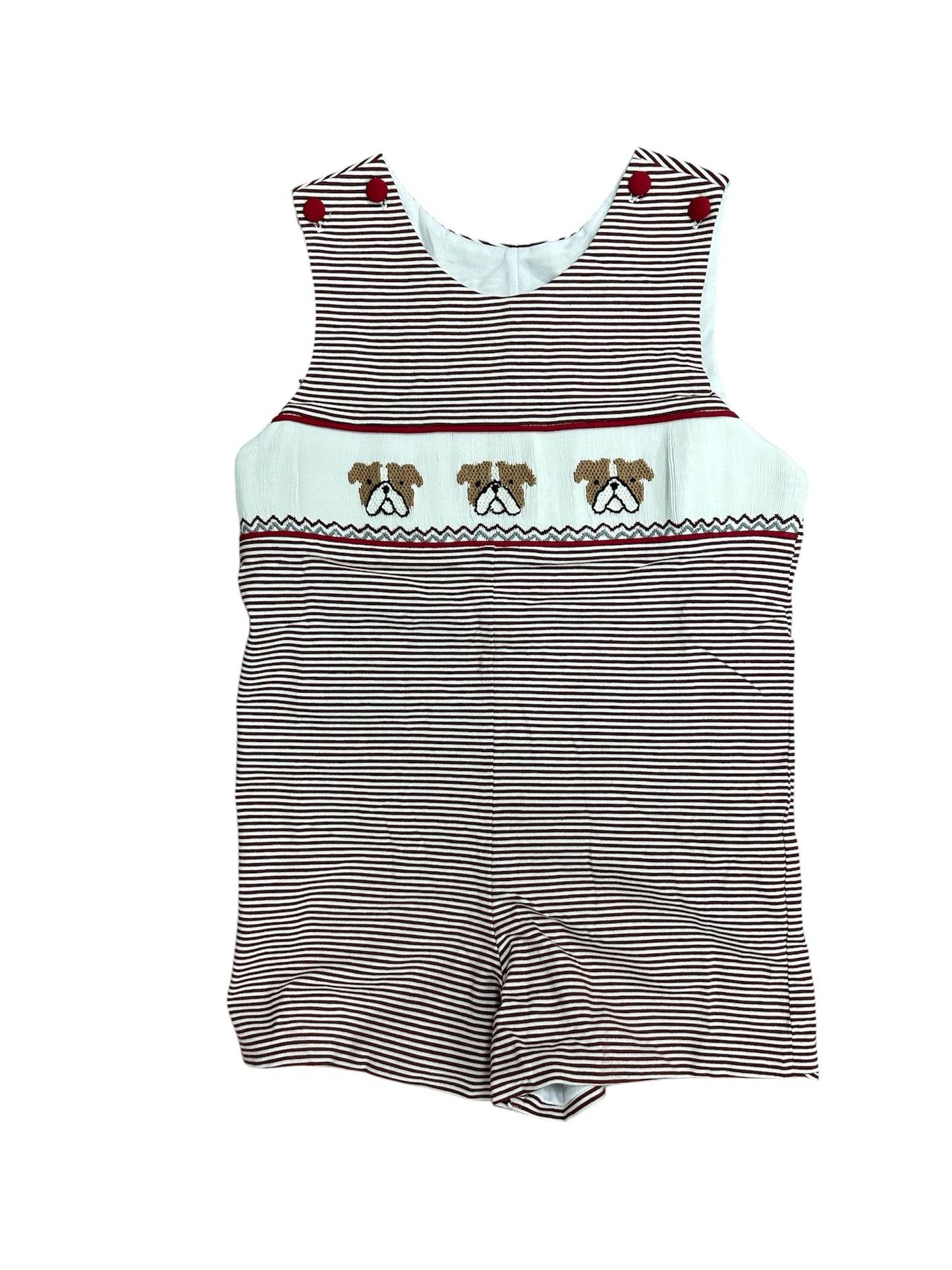 Maroon bulldog smocked shortall