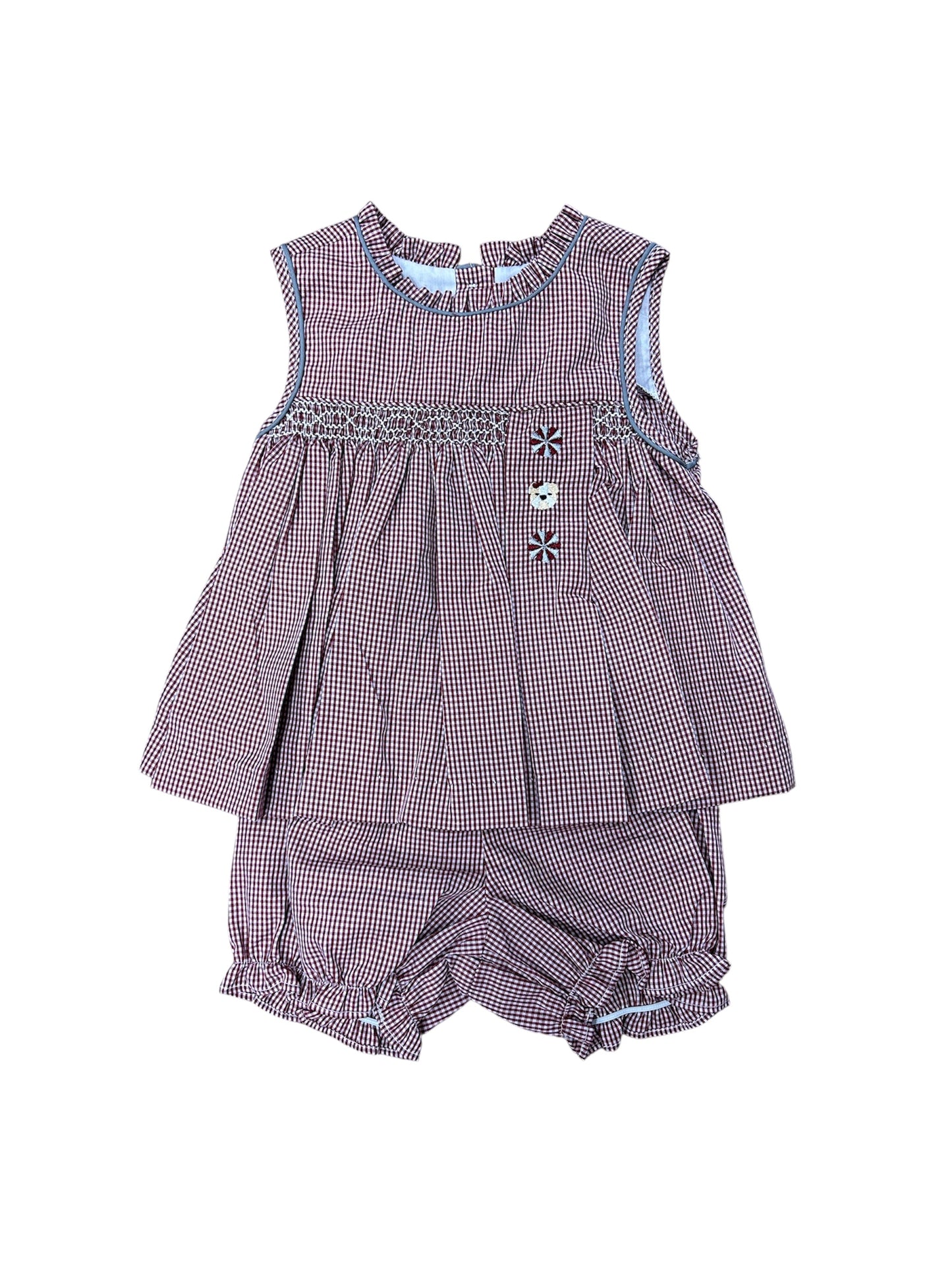 Maroon Gingham Trio smocked bloomer set