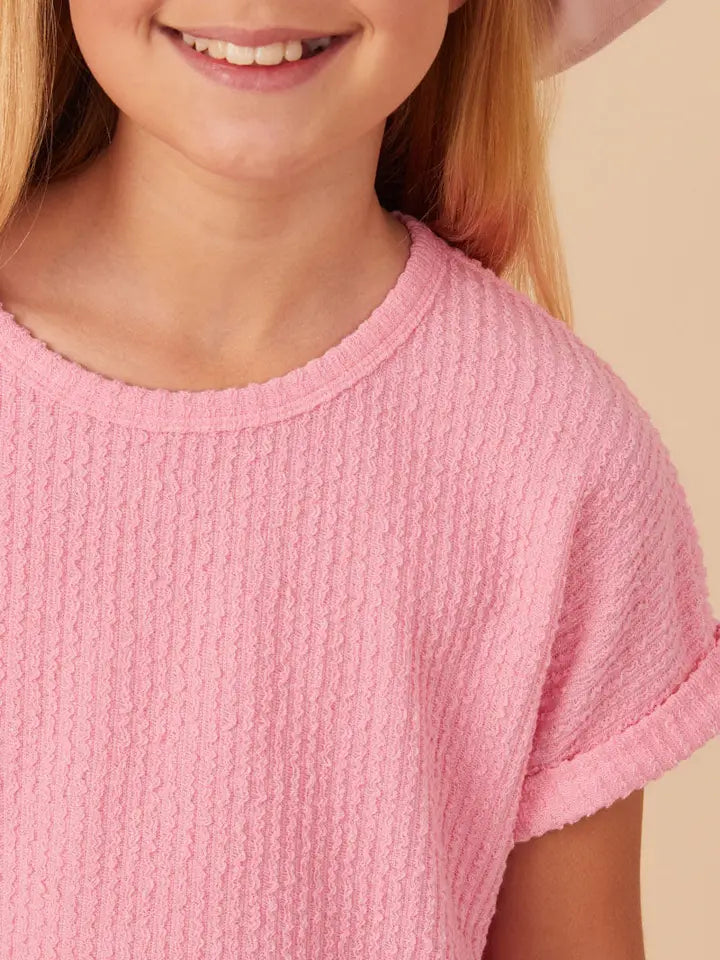 Girls Textured Rib Knit Roll Sleeve T Shirt