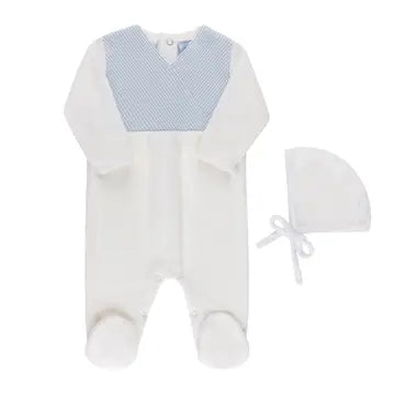 Blue Velour knit wrap romper with hat