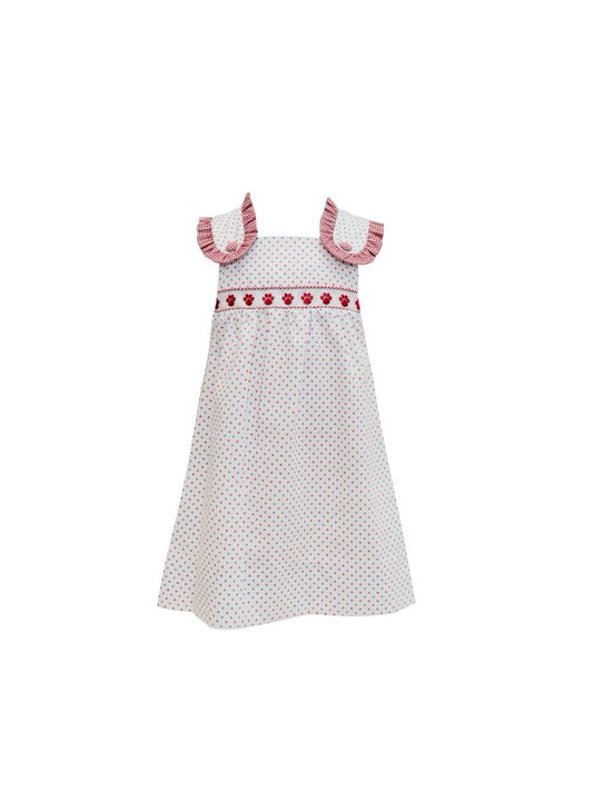 Maroon Bitty dot Bulldog paw ribbon dress