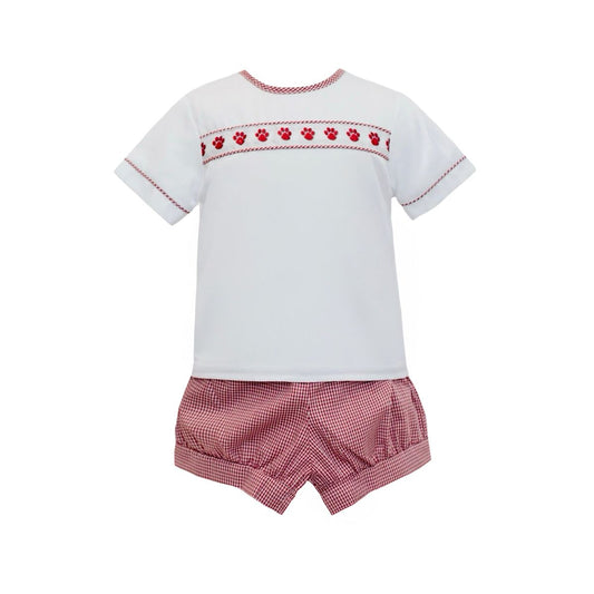 Maroon gingham bulldog paw ribbon banded short set
