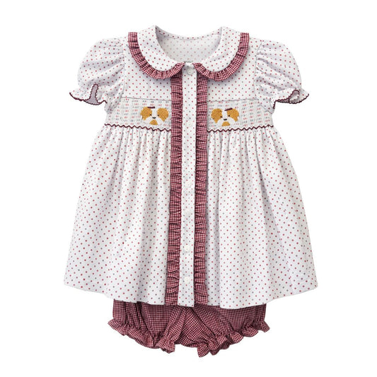 Ruby Smocked Bloomer Set, Maroon Bitty Dot Bulldog