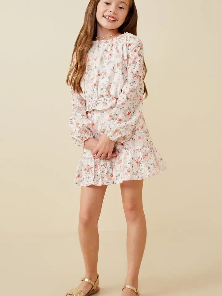Girls Eyelet Embroidered Floral Cinch Waist Top