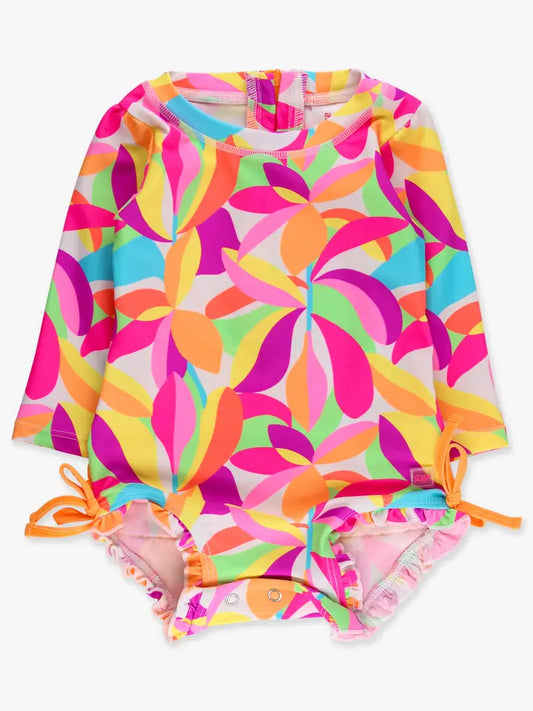 Tropical long sleeve one piece rash guard swimsuit