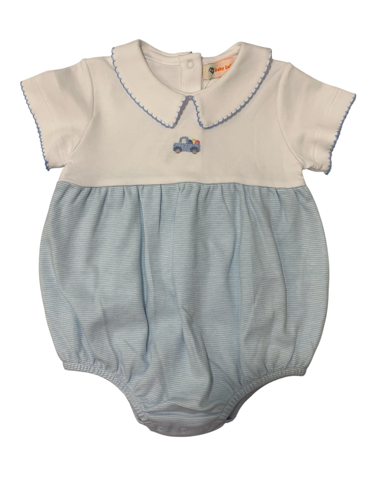 Blue mini stripe bubble with crochet truck with eggs