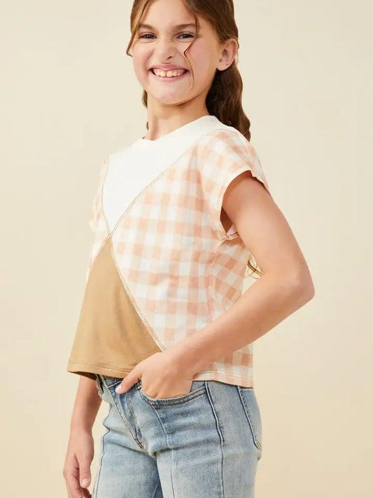 Check Print and Color block Overstitch Tan