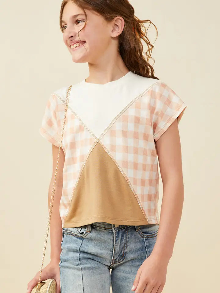 Check Print and Color block Overstitch Tan