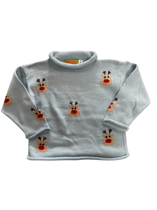 Blue Rudolph heads roll sweater