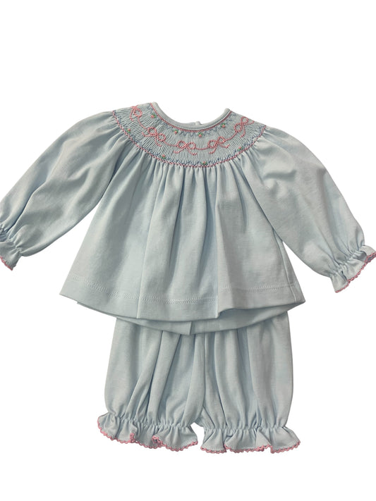 Bows Lt blue knit bishop bloomer set