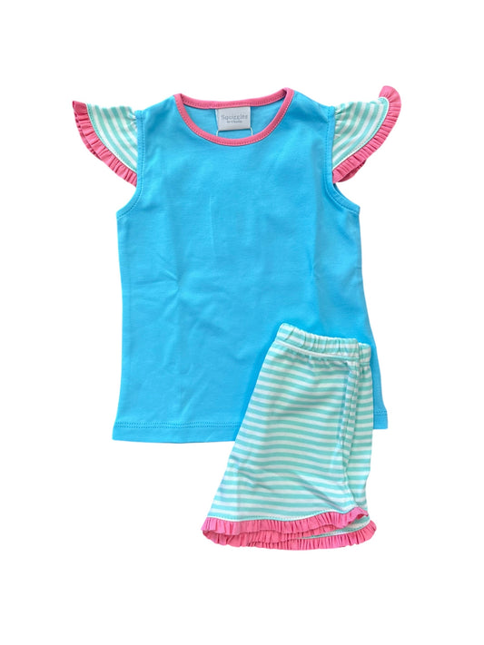 Blue flutter strip stripe short set