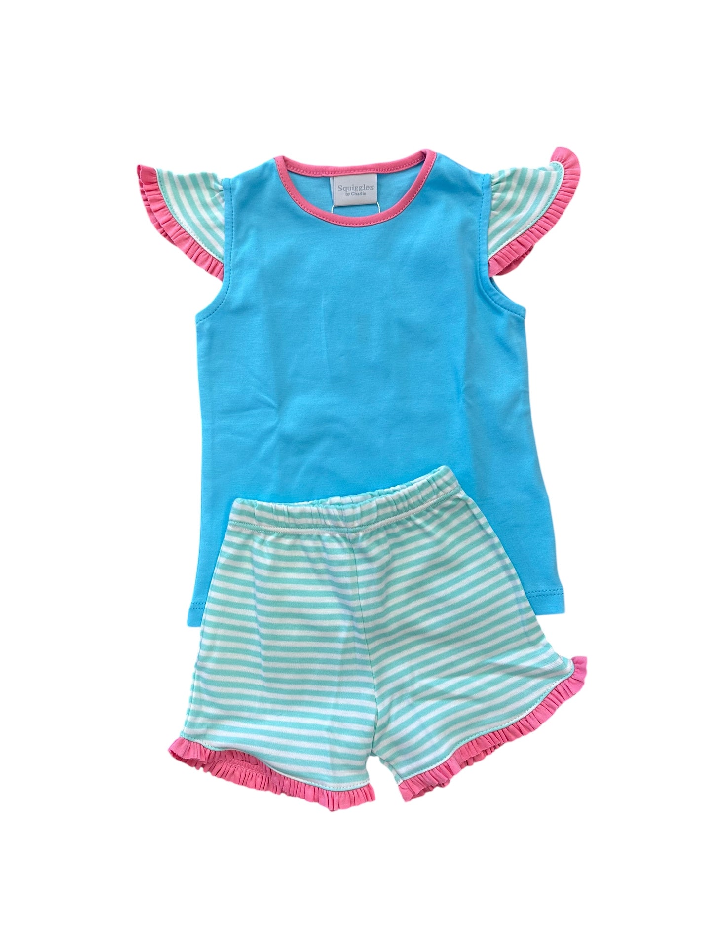 Blue flutter strip stripe short set