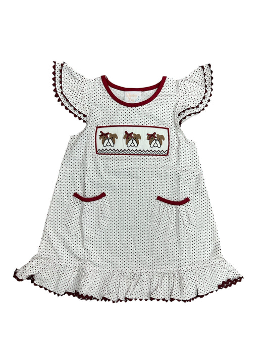 Maroon bulldog smocked flutter dress