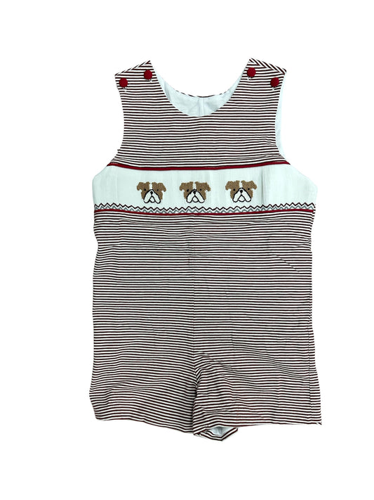 Maroon bulldog smocked shortall