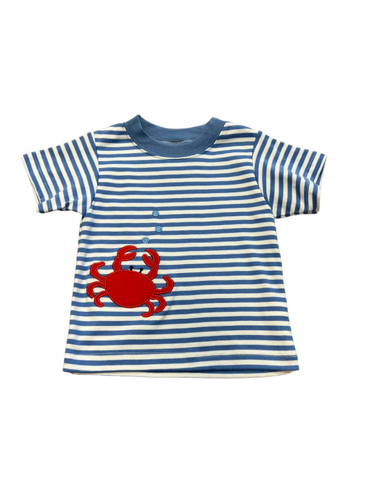 Red crab. blue stripe shirt