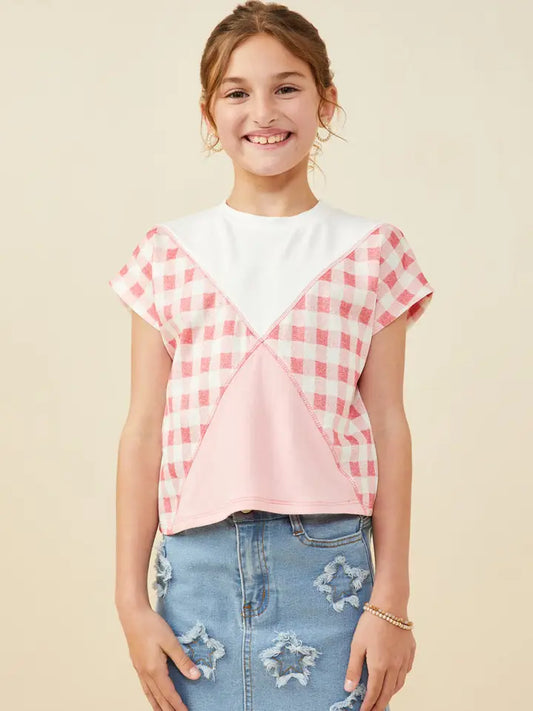 Pink check Print and Colorblock Overstitch