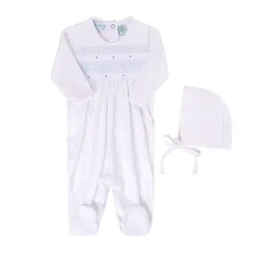 White/Blue Smocked Bullion romper