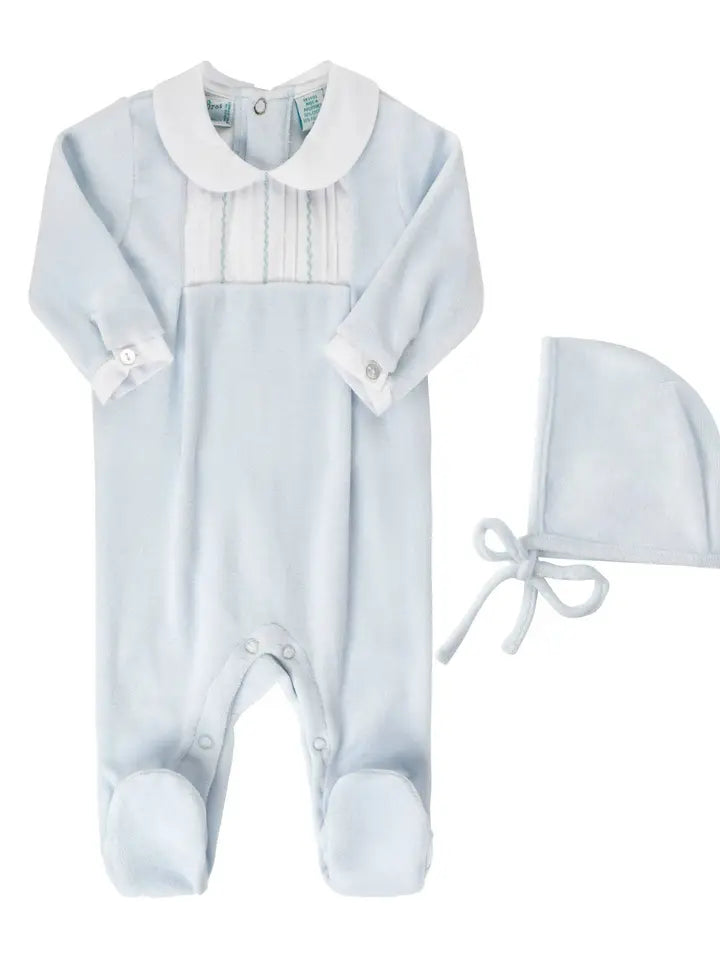 Feather Stitched Velour Romper with Bonnet