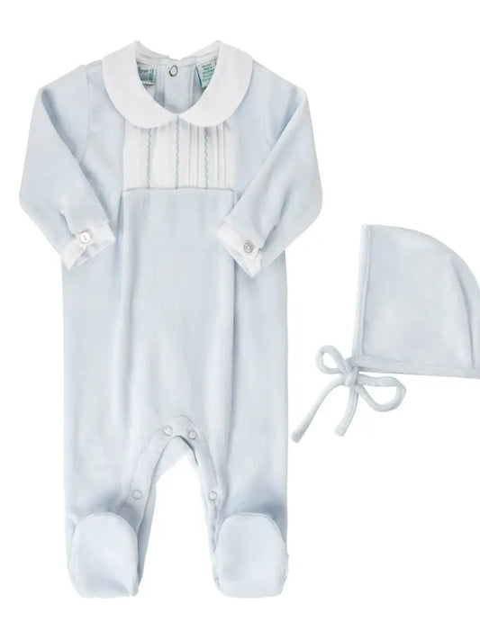 Feather Stitched Velour Romper with Bonnet