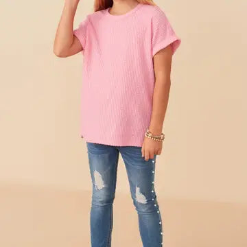 Girls Textured Rib Knit Roll Sleeve T Shirt