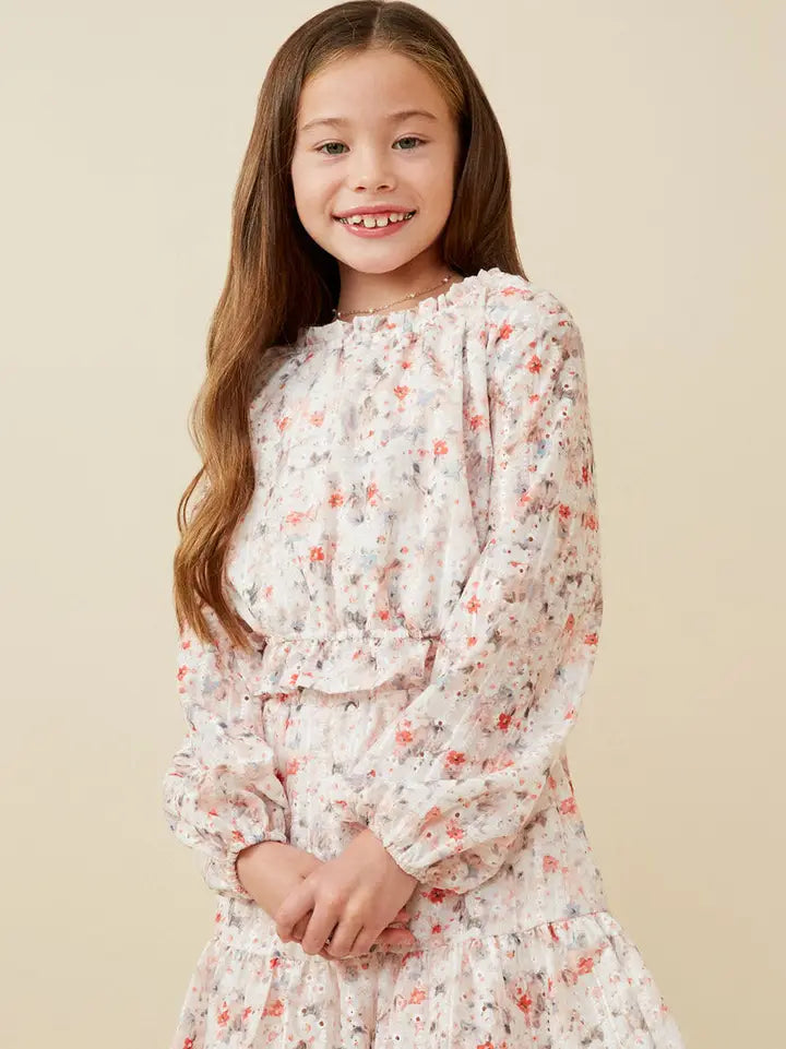 Girls Eyelet Embroidered Floral Cinch Waist Top