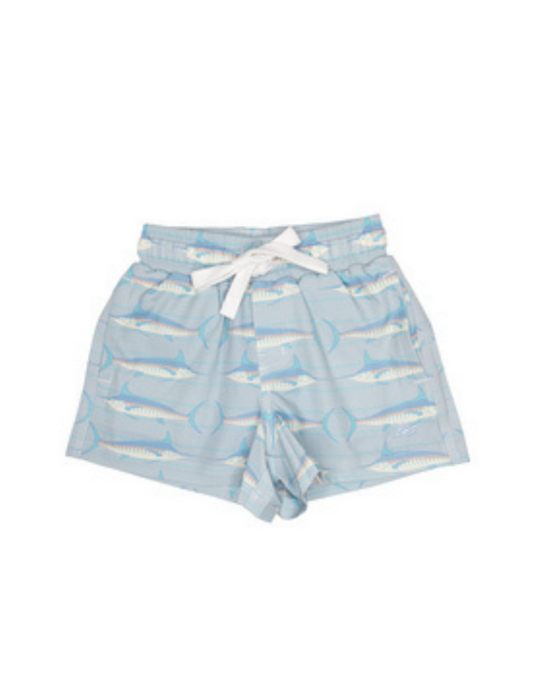 Coral swordfish swim trunks
