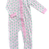 one-piece jammies pink gingham tree